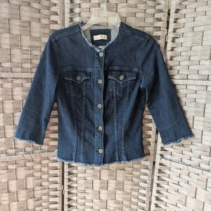 Principle‎ Denim Innovators Dark Wash Frayed Collarless Jean Denim Jacket Sz S